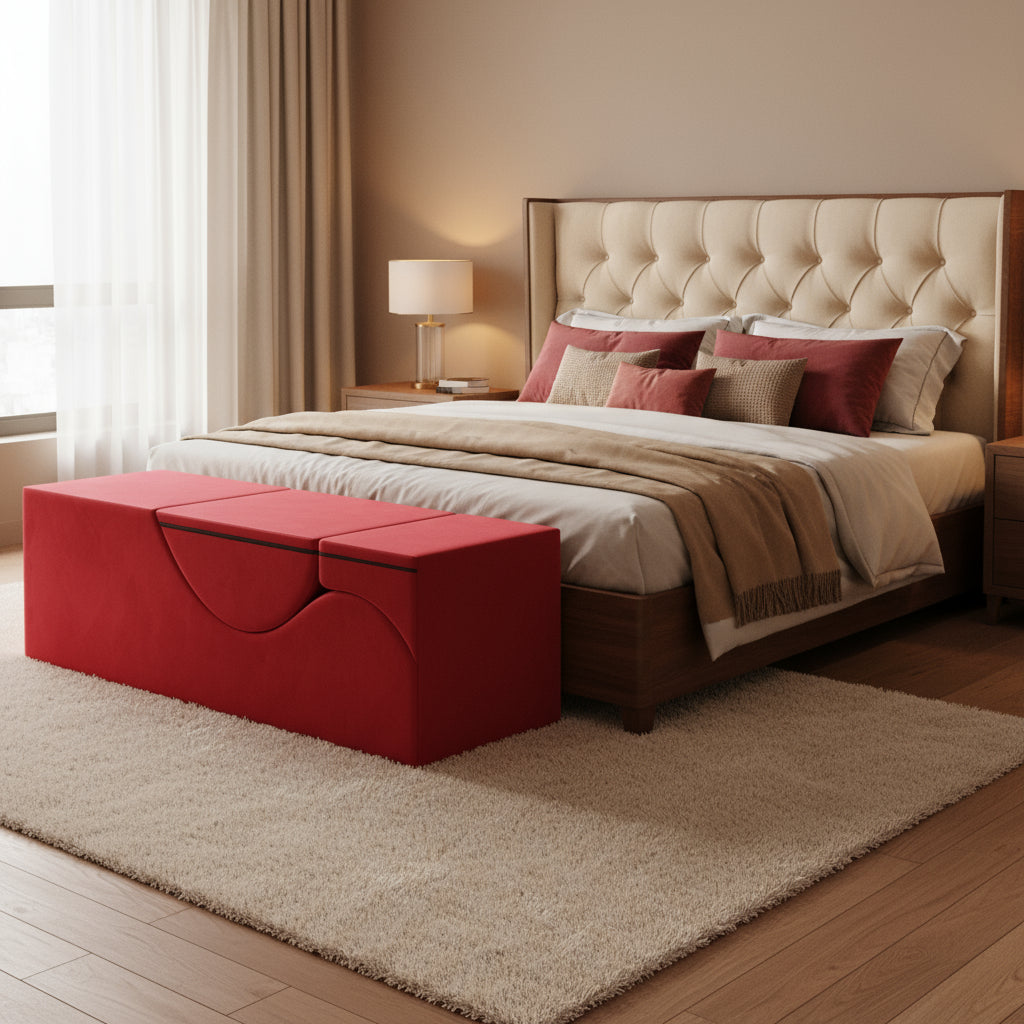 Red lounger bench in a bedroom