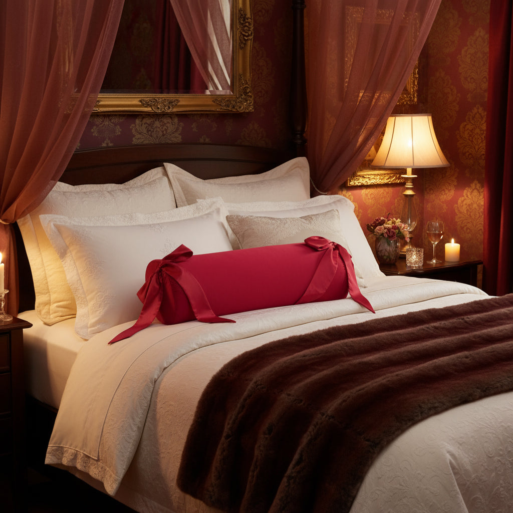Red pillow with silky ties in a sensual bedroom setting.