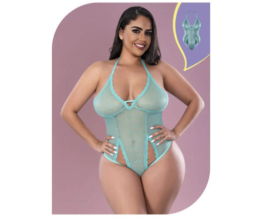 Lace & Mesh Cut Out Teddy with Snap Crotch