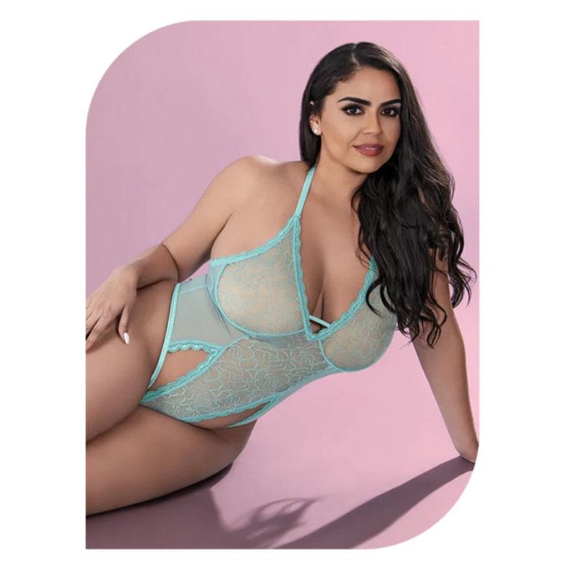 Lace & Mesh Cut Out Teddy with Snap Crotch