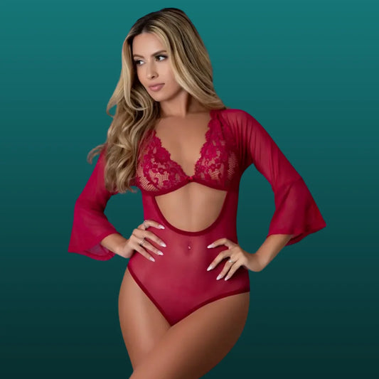 Black Cherry 3/4 Sleeve Playsuit - Cherry