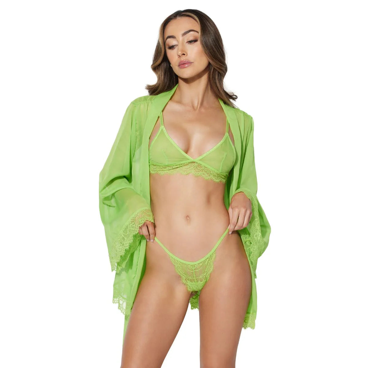 Shavon Lace & Chiffon Robe, Bralette & G-String Set