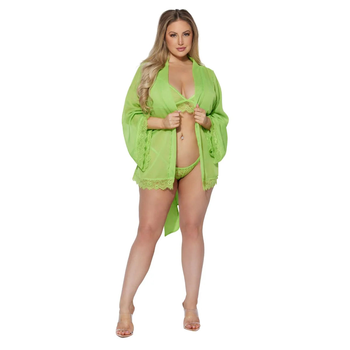 Shavon Lace & Chiffon Robe, Bralette & G-String Set