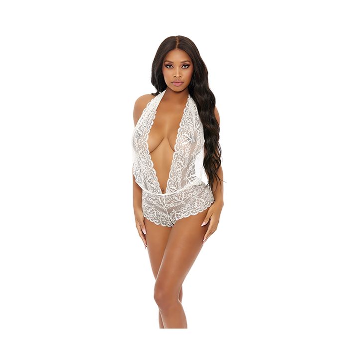 Sheer Lace Deep V Halter Bodysuit