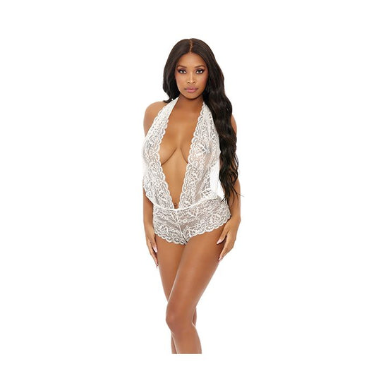Sheer Lace Deep V Halter Bodysuit